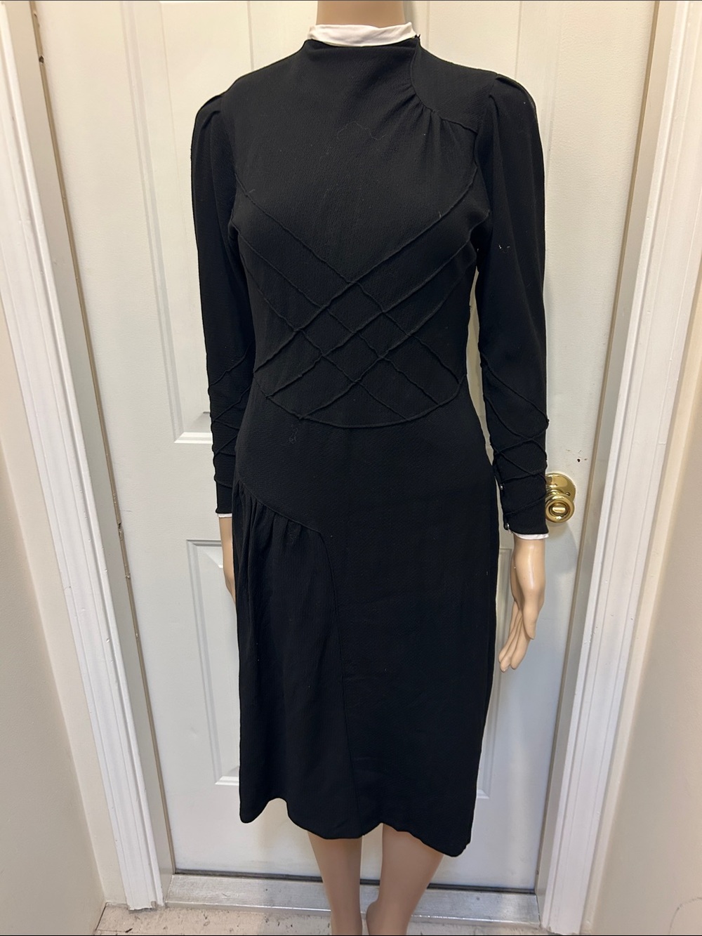 Late 1930s–1940s Black Wool Crepe Dress Custom Dressmaker Made Sculptural